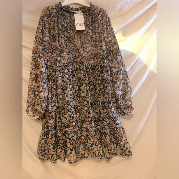 ✨NWT Zara Multicolor Floral Long Sleeve Tie Waist Button Front Ruffle Mini Dress - Picture 2 of 11